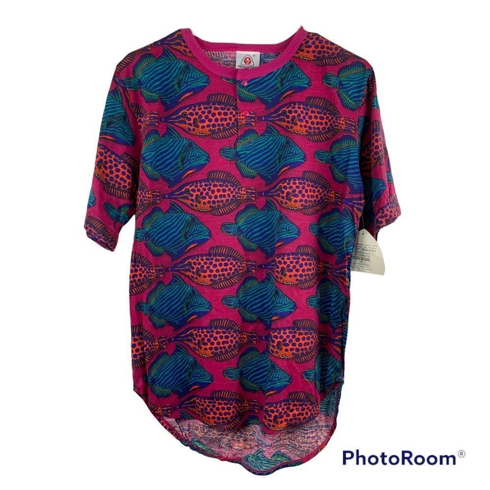 Vintage 80's 90's Y2K Allover Fish Print Dark Neon Short Sleeve Shirt Tunic